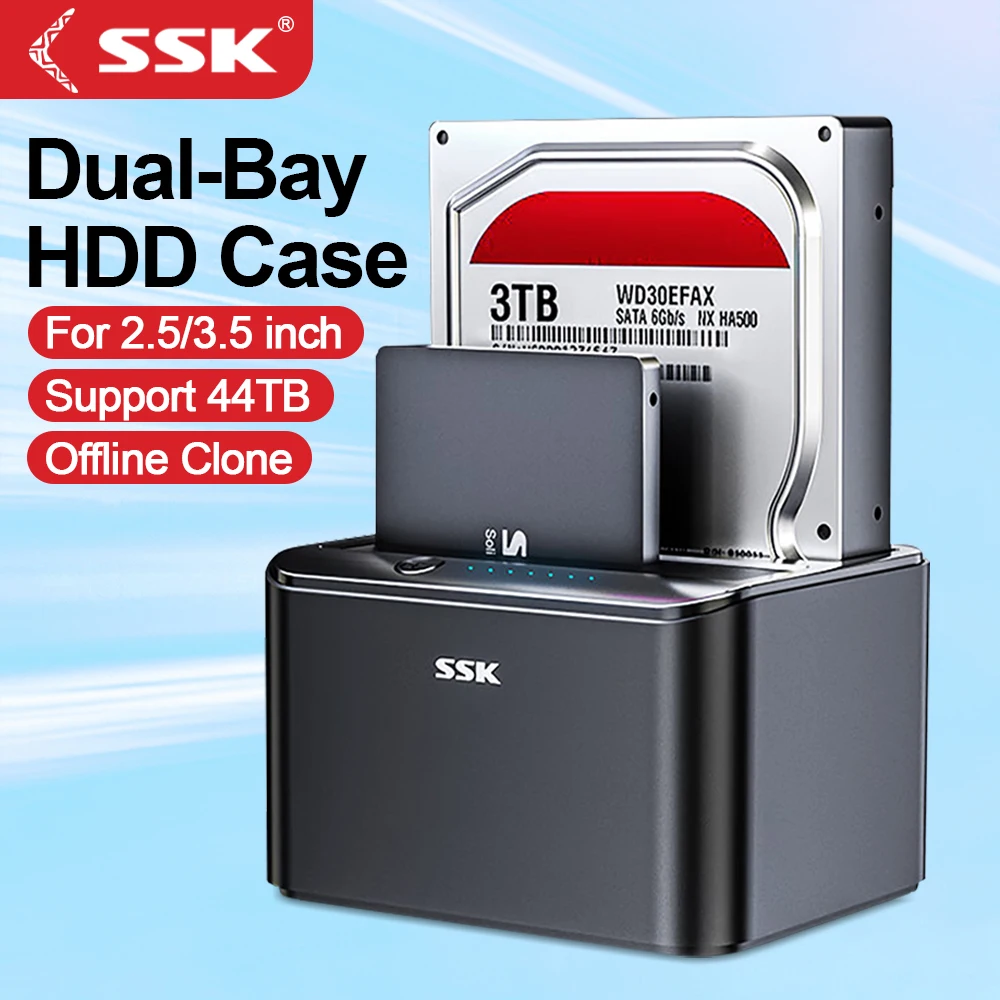 SSK Hard Drive Docking Station Dual Bay External HDD Dock for 2.5/3.5 Inch SATA HDD SSD with Offline Cloner/Duplicator Function