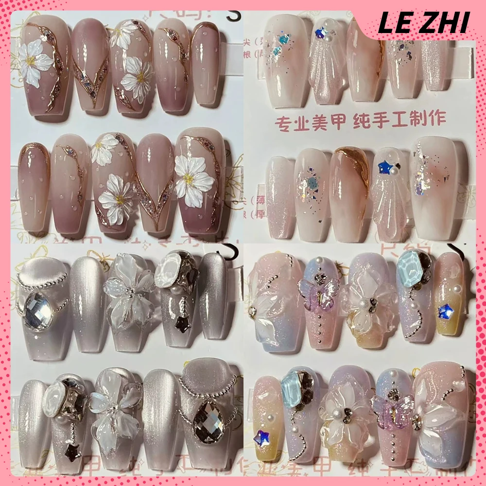 

10Pcs Sweet Lovely Long Coffin Handmade Press On Nails Flowers Rhinestone Gradient Pearl Wearable Full Cover Fake Nails Tips