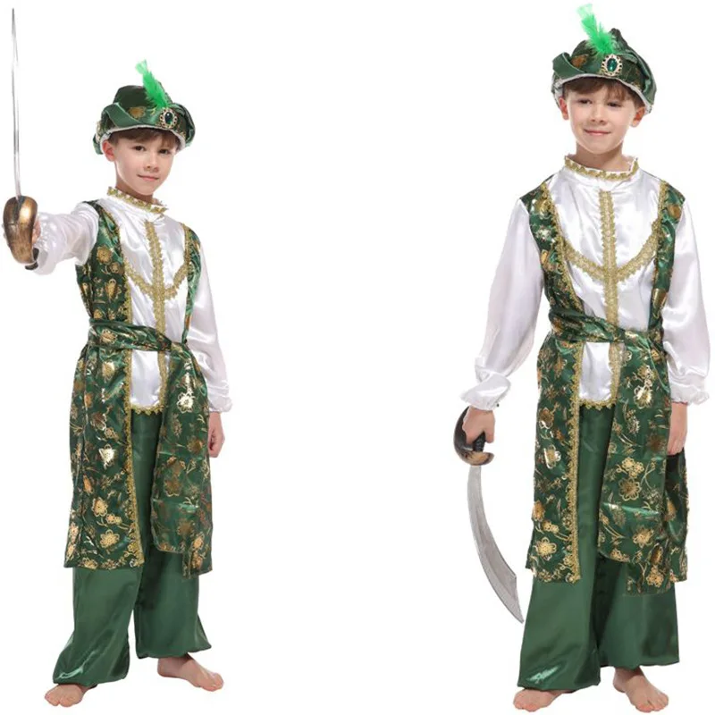

Arabian King Prince Costume Performance Suit Children's Halloween Outfit Male Child Makeup Dance Party Costume Polyester