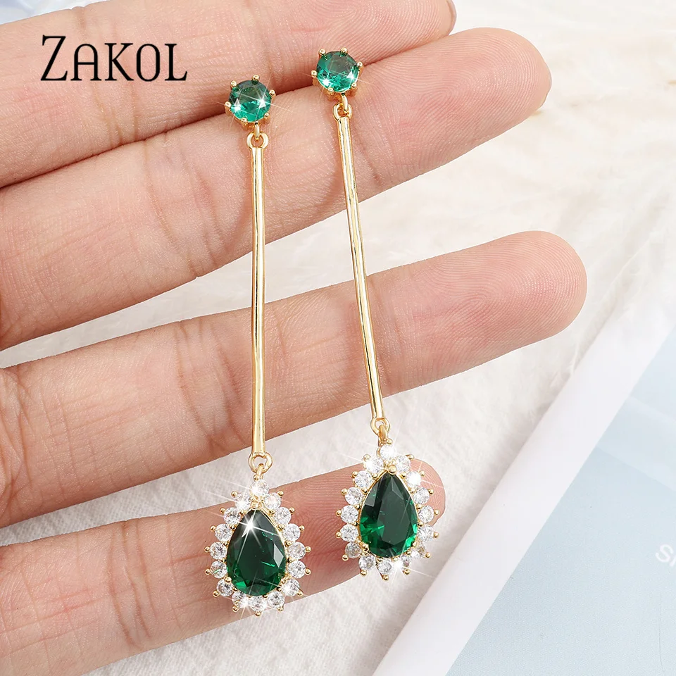 ZAKOL New Green Water Drop Shape Dangle Earrings For Women Exquisite Long Tassel Earring Engagement Wedding Party Jewelry