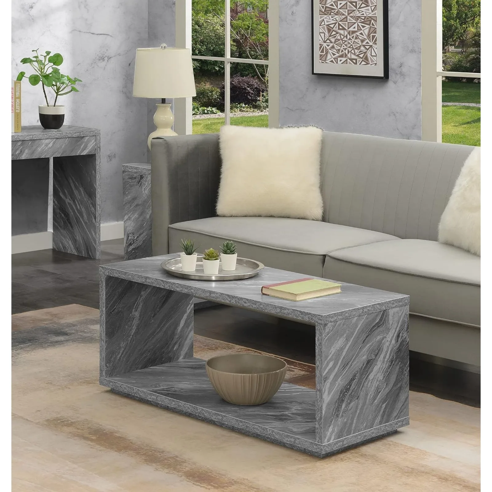 US Convenience Concepts Coffee Table with Shelf, Gray Faux Marble