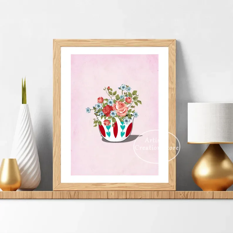 Abstract Colorful Floral Lebanese Arabic Welcoming Coffee Quotes Poster Canvas Painting Wall Art Pictures Home Cafe Decor