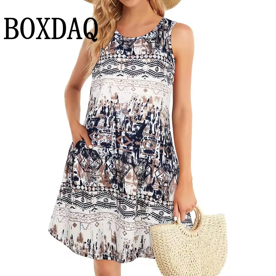 Dresses For Women Sleeveless Summer Boho Loose Beach Dress Casual 3D Printed Mini Dresses Vintage Sundress Tank Ladies Clothing