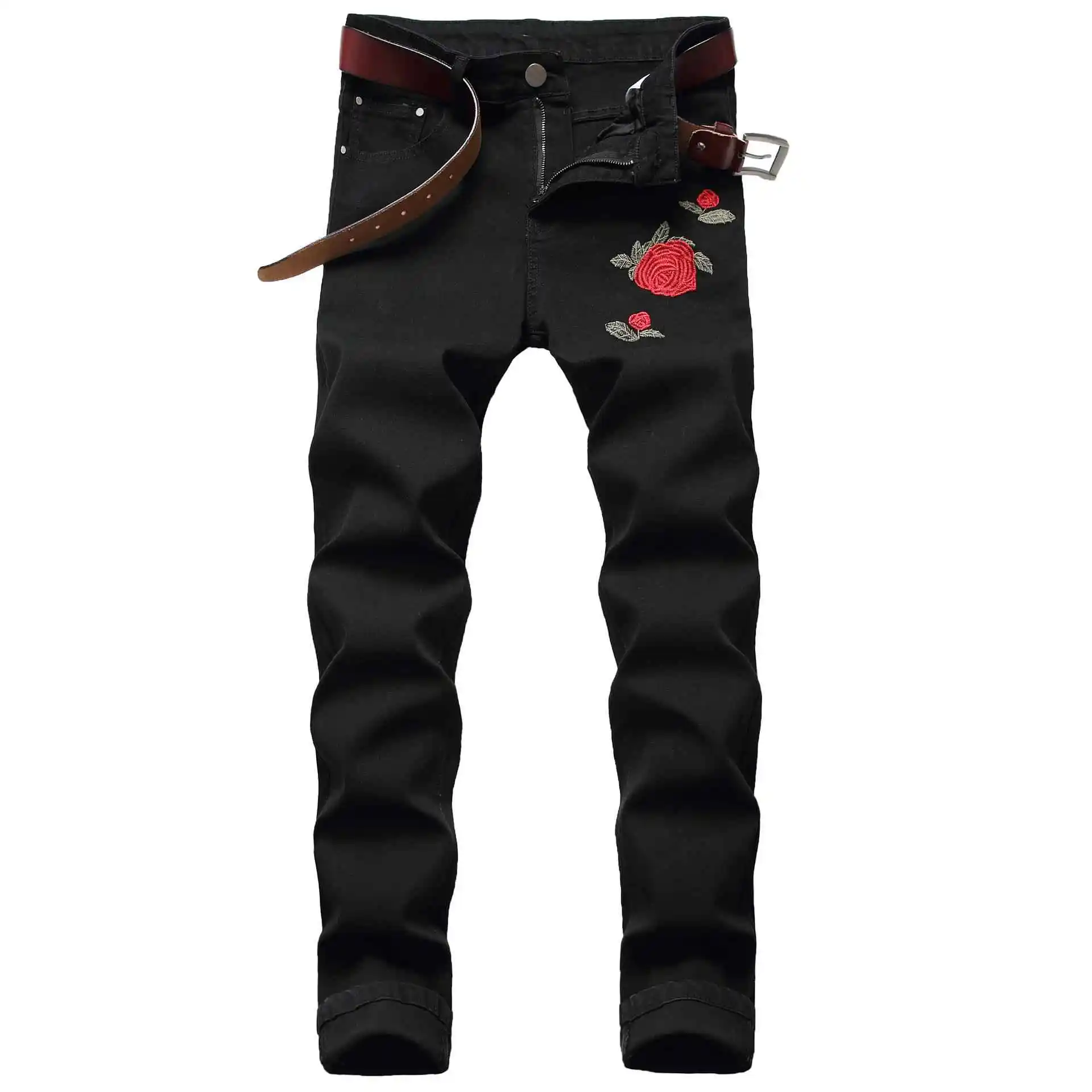 

Men's Light Blue Elastic Jeans Rose Casual Straight Leg Pants mid Waist Zipper Fly Comfortable Stretchy Blue Denim Trousers