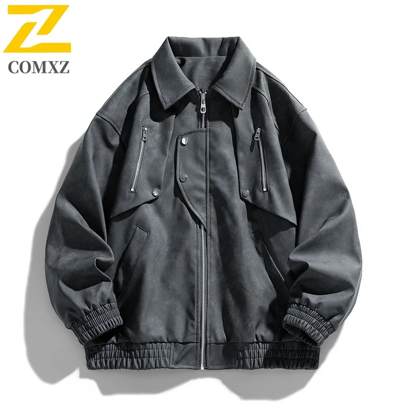

COMXZ 2025 Men's American Style Motorcycle Jacket Simple Versatile Stand Collar Leather Coat Loose Fit Fashion Jacket