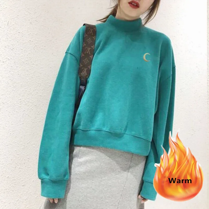 Vintage Plush Lined Sweatshirt Short Winter Fall Pullover Woman Embroidery Warm Sudaderas New Loose Half High Collar Top