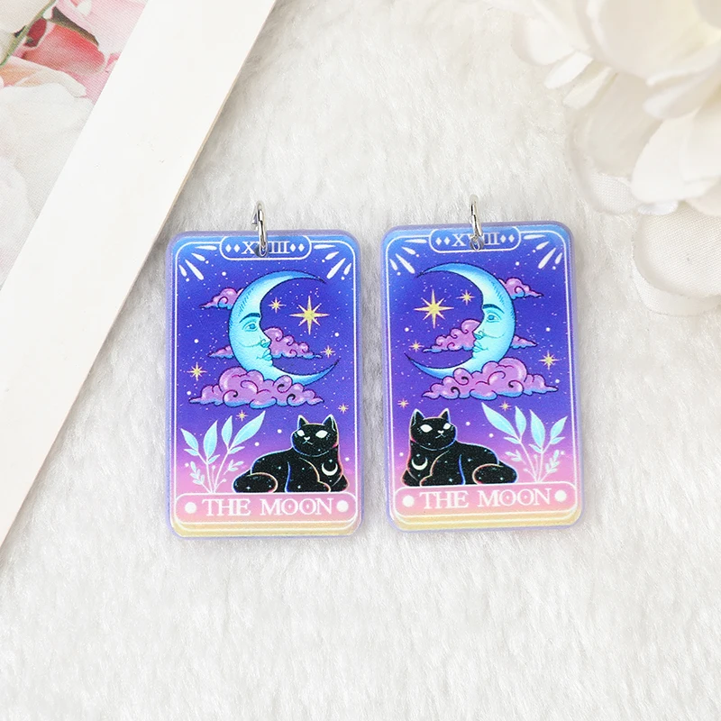 12 sztuk 43*27MM karty do tarota Charms magiczne wróżby rzemiosło płyta akrylowa słońce księżyc i czarny kot biżuteria DIY akcesoria