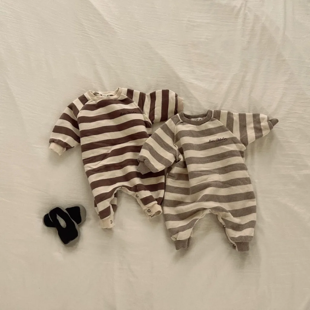 

2025 Winter New Baby Long Sleeve Fleece Romper Infant Boy Casual Striped Jumpsuit Plus Velvet Thick Toddler Girl Warm Clothes