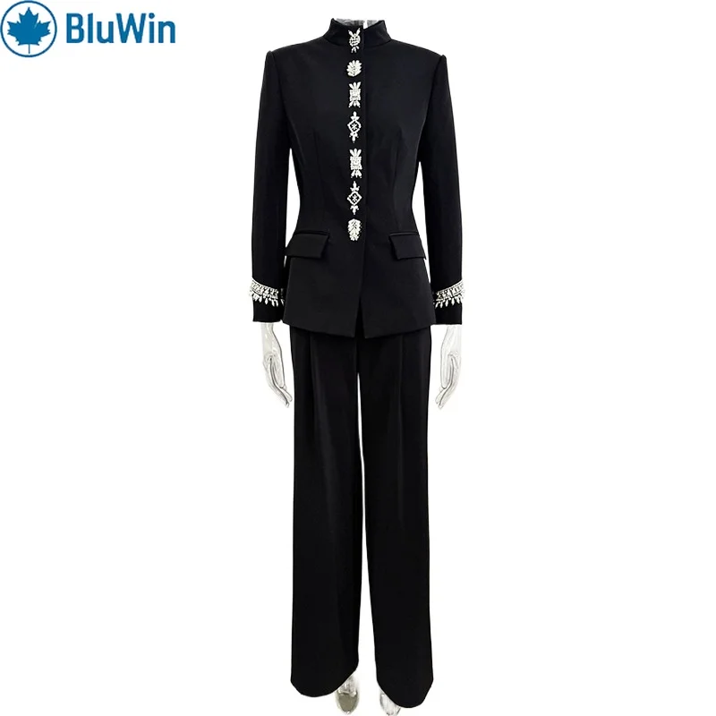 

BluWin Embellished Pants Suit Women Mandarin Collar Blazer and Wide Leg Trousers Two Piece Set Black