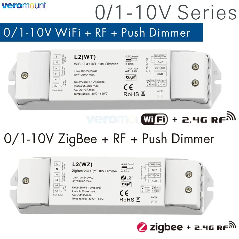 

Skydance 100-240V AC 2CH 0/1-10V WiFi & RF Push Dimmer L2(WT) Zigbee & RF Push Dimmer L2(WZ) (Tuya App) Push Strip Controller