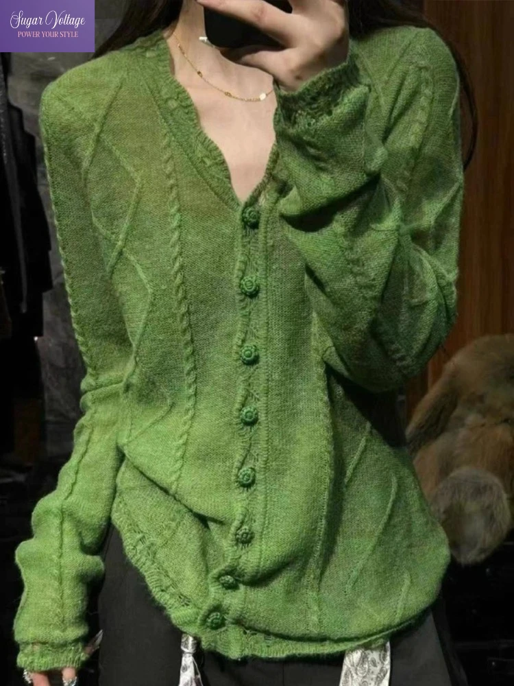 

Early Autumn Green Knit Cardigan Women Soft Slim Fit V Neck Buttoned Sweater Vintage Elegant Retro Casual Y2K Streetwear Outfit