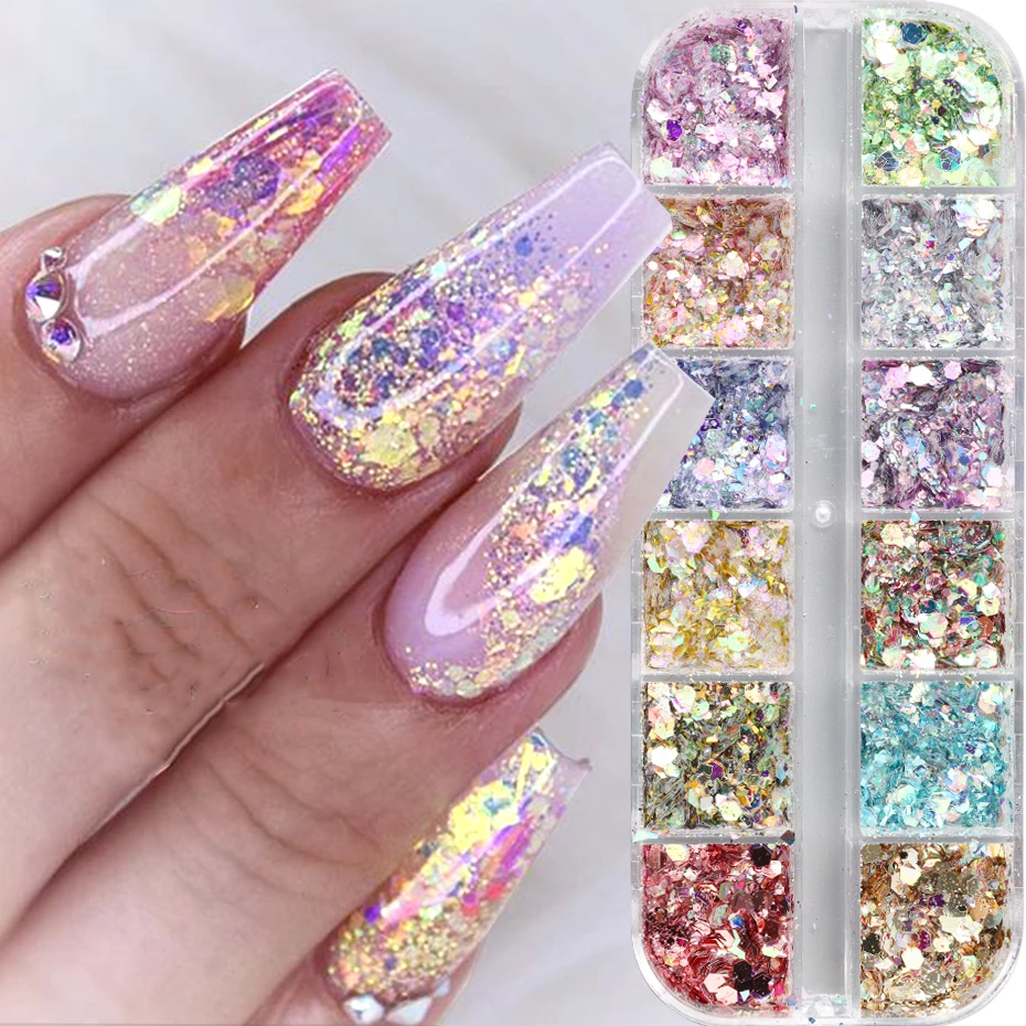 12 Grids Aurora Iridescent Mixed Hexagon Nail Glitter Sequins Holo Flakes Nail Art Powder Gel Polish Manicure Accessories