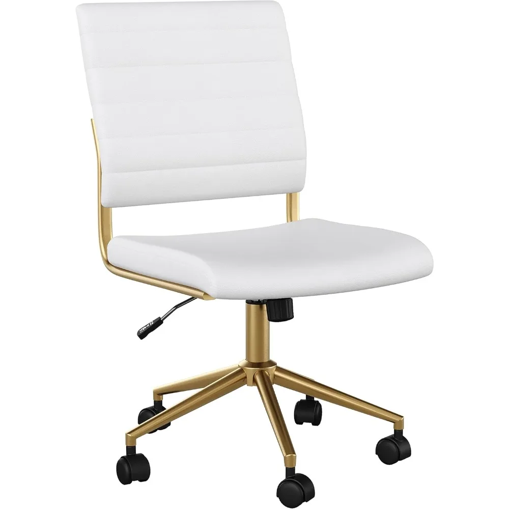 

Ivy Armless Swivel Task Chair for Home Office in White Faux Leather with Polished Brass Frame