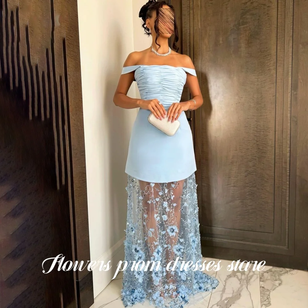 

Flowers Sky Blue Prom Dress A Line Party Dress Appliques Evening Dress Off the Shoulder Formal Dress فساتين مناسبة ر Customized