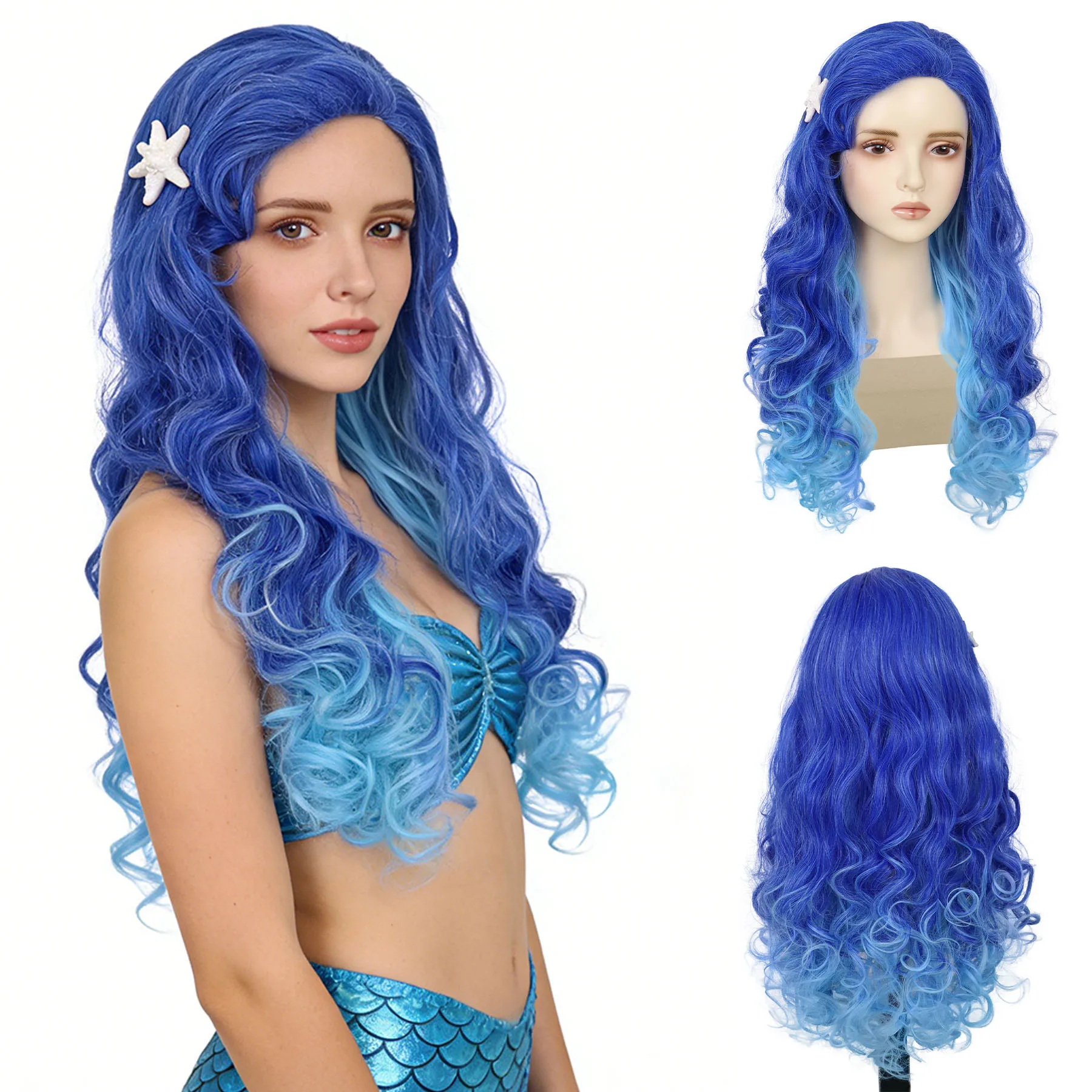 

Синтетические длинные синие парики в стиле русалки для женщин, длинные кудрявые волнистые парики омбре синего цвета для косплея, Хэллоуина, карнавальных костюмов, аниме-парик, парик для дрэг-квин