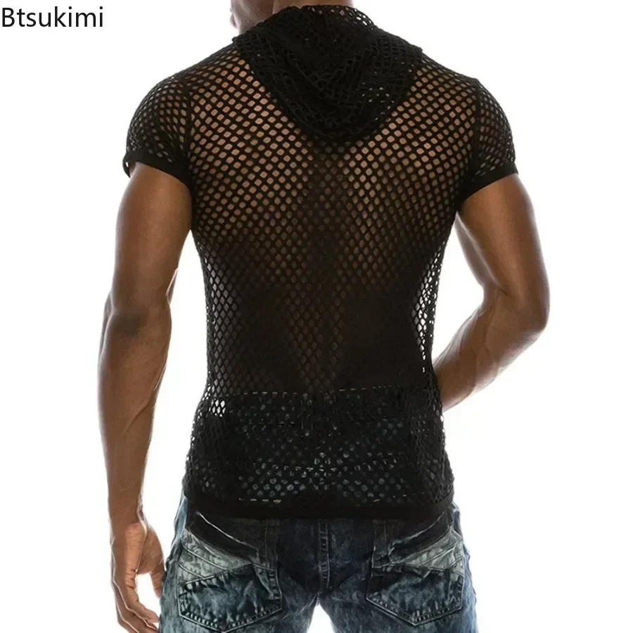 New 2024 Men\'s Transparent Sexy Mesh T-Shirt See Through Fishnet Short Sleeve Men Muscle Pullovers Dance Perform Top Tees Male