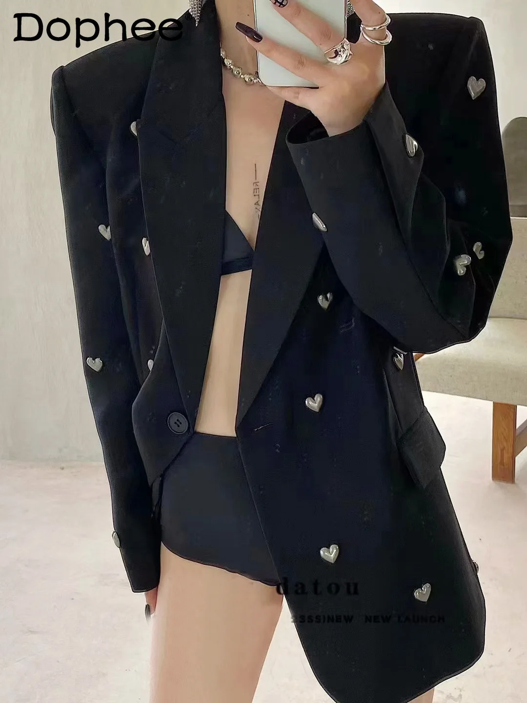 European Women Suit Jacket 2023 Autumn New Heavy Industry Three-Dimensional Love Beaded Suit Collar Commercial Black Blazer Coat