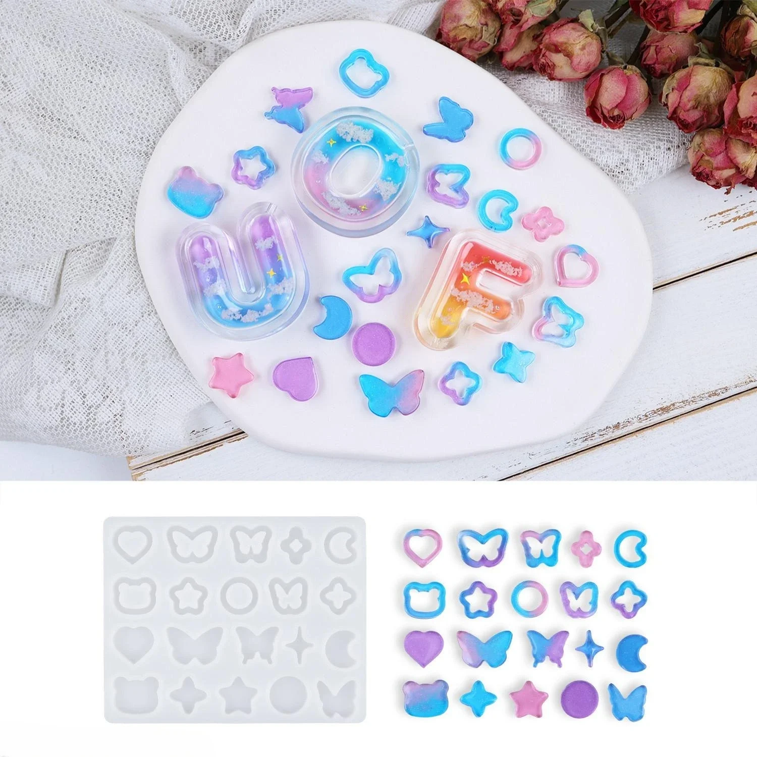 Moule en silicone en résine UV pour bricolage, goutte de cristal, colle, amour, papillon, lune, sable, NING