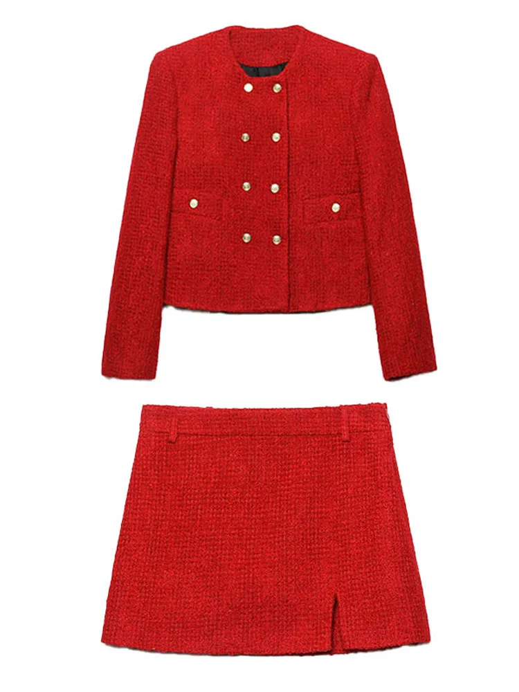 HH Women New Fashion Red Textured Double-Breasted Long-Sleeved Jacket+High-Waisted Casual Slit Design Textured Skirt Suit Mujer