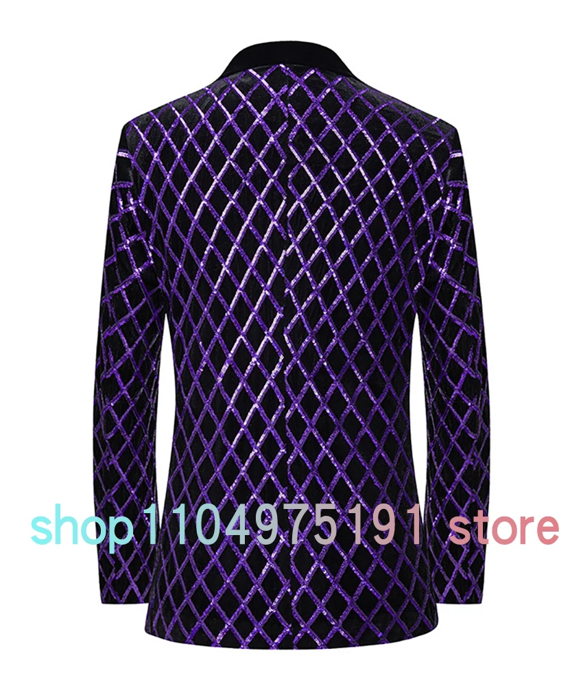 High quality men's sequin plaid stage singer performance host suit jacket slim purple tuxedos Celebrity Gowns Party Gowns