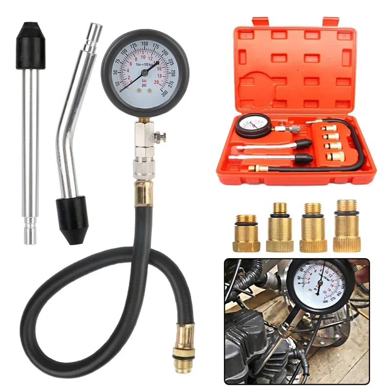 Professional Petrol Engine Compression Tester Kit 0-300 PSI Fuel Cylinder Pressure Gauge Tool Set for Car Motorcycles