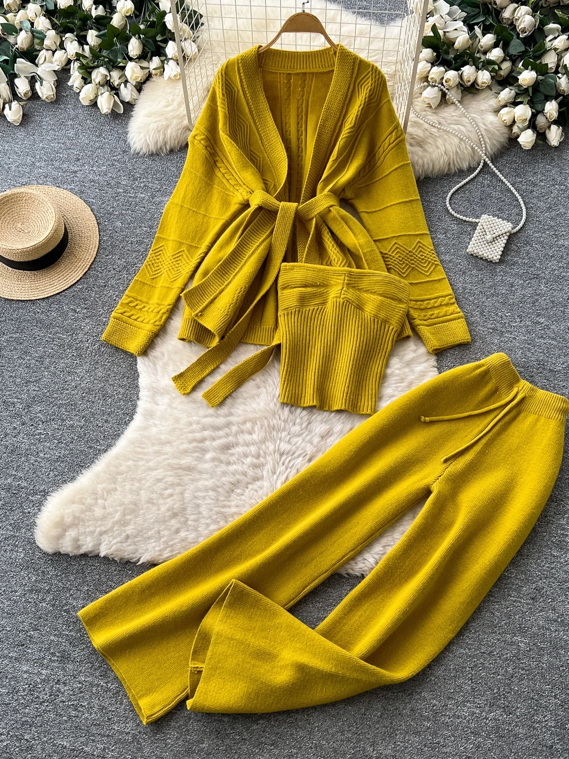 Ladies Knitted High Waist Belted Sweater Vest And Pants Three Piece Set for Commuting And Casual Wear Autumn Season Long Sleeve