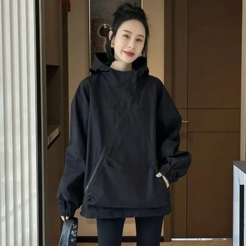 المرأة جاكت مزود بغطاء للرأس قطري سستة تصميم خمر الخريف فضفاض موضة Bf نمط في الهواء الطلق Chaqueta Mujer الترفيه كل مباراة سيدة #4