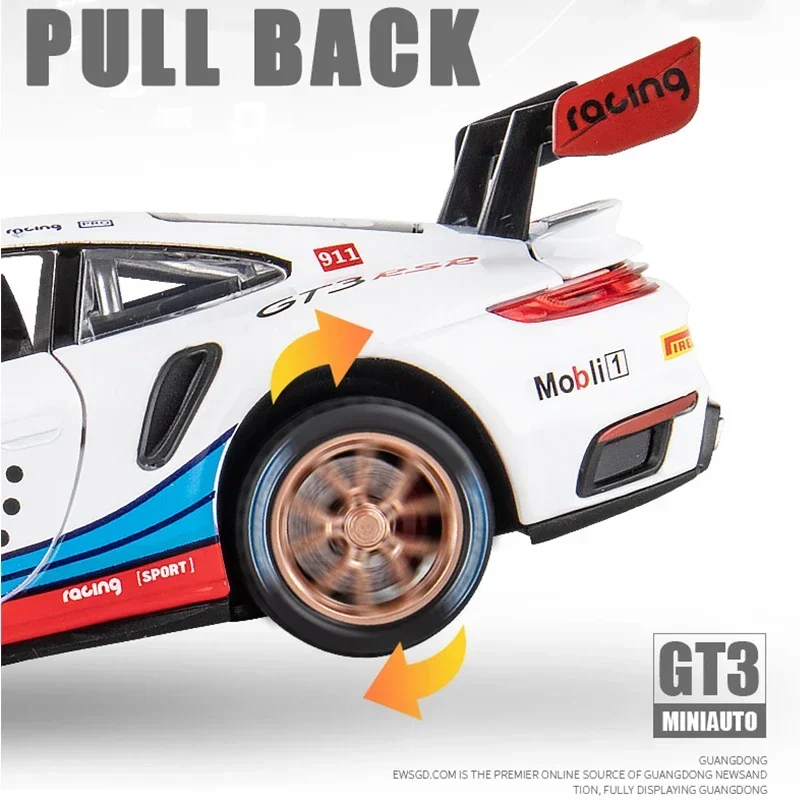 1:32 Porsche 911 GT3 RSR Alloy Model Car Metal Supercar Sound Light Pullback Vehicle Children Gift for Boys Kid Hottoy