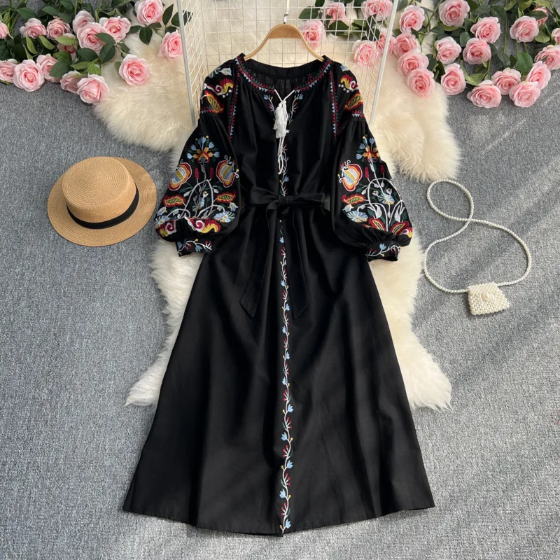 ヴィンテージエスニックランタンスリーブ自由奔放に生きる刺繍ドレス 2025 女性春秋 O ネック A ラインミディドレスコットンリネン Vestidos