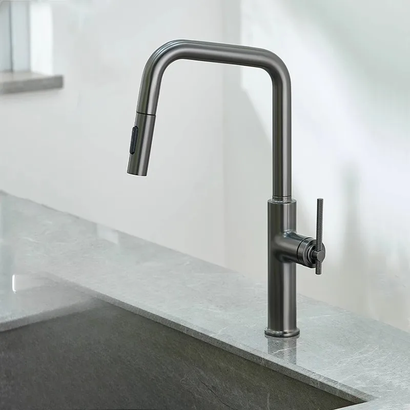 

Dish Sink Hot and Cold Water Faucet with Anti Splash and Retractable Rotating Gun, Gray Minimalist Seven Shaped Faucet