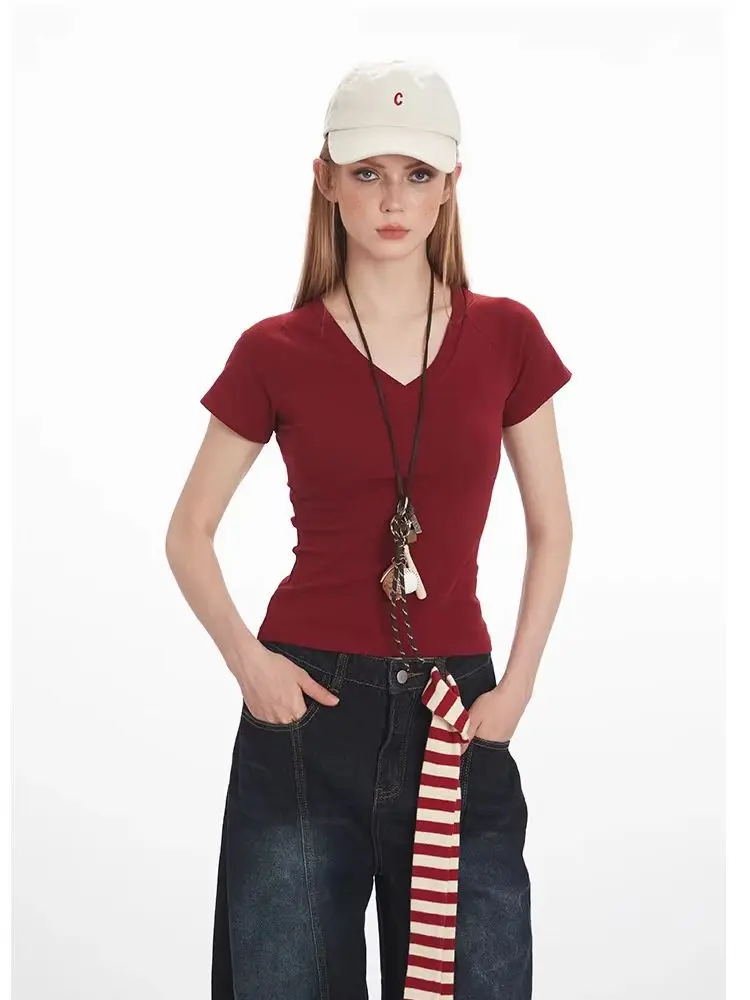 レッドサマースリムフィット V ネックコットン Tシャツレディーストップ通勤怠惰なソリッドカラー Tシャツ半袖 2026 新しい