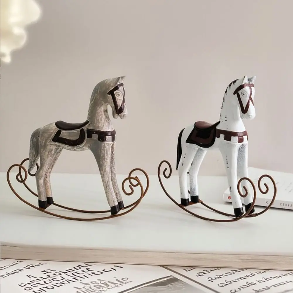 Retro Wooden Craft Rocking Horse Sculpture Simulation Cartoon Nordic Horse Figurine Hand-carved Animal Ornament Wine Cabinet