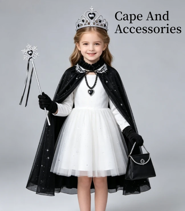 Kid Black Cape Accessories Set With Crown Necklace Handbag Earrings Gloves Magic Wand Kit For Halloween Style Party Holiday Wear