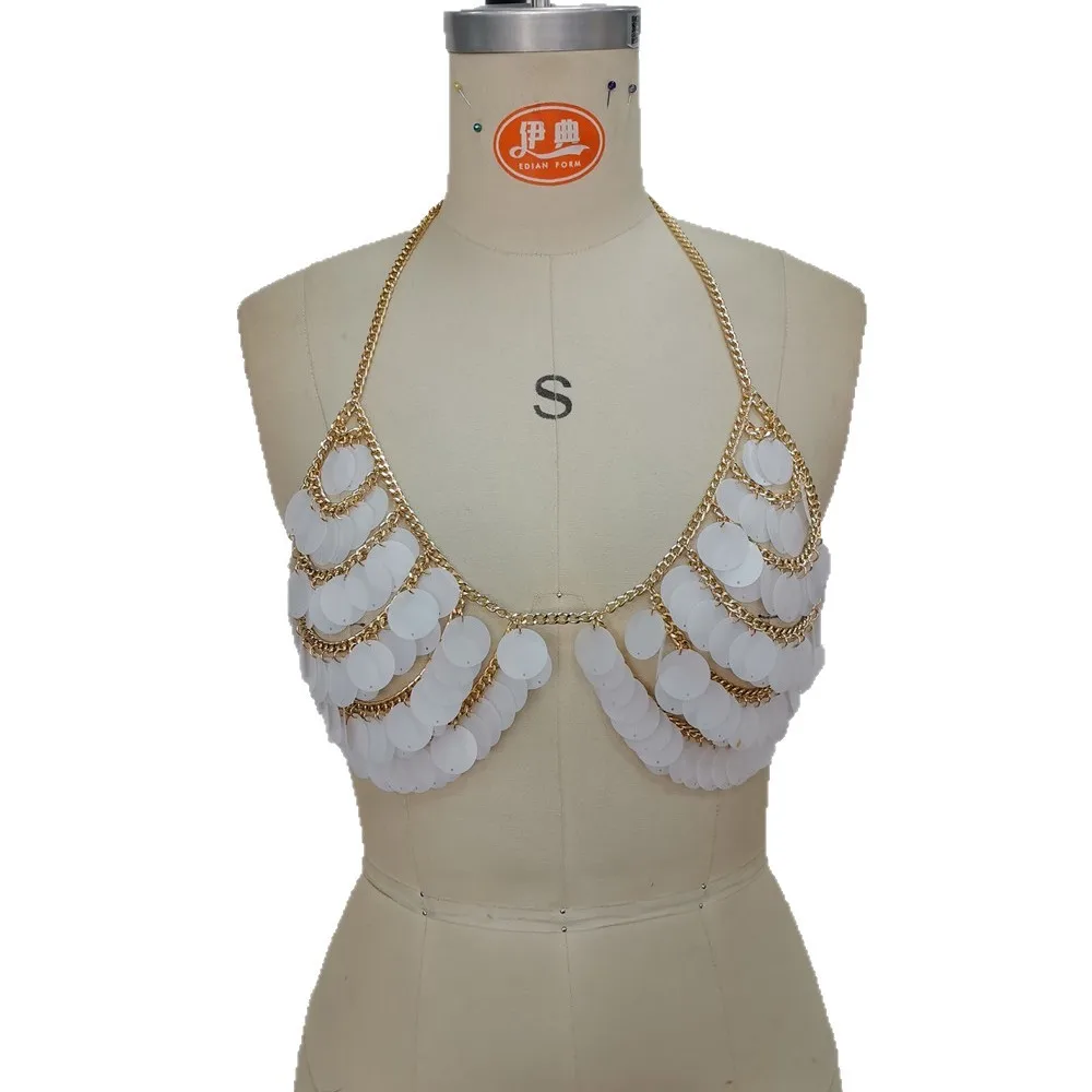 

Silver Halter Hollow-Out Chest Chain, Summer Seaside Vacation Acrylic Sequin Hot Girl Festive Sexy Top Accessory