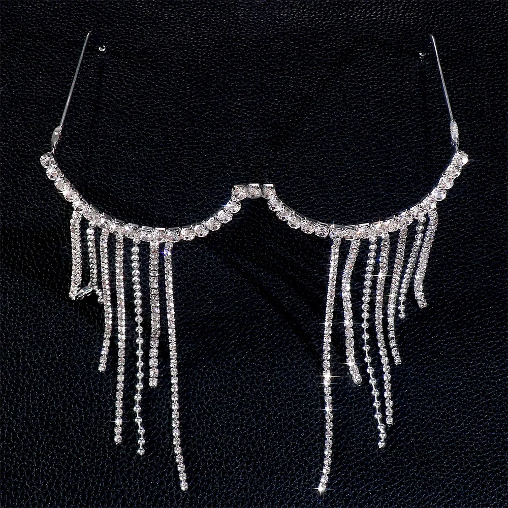 إطار نظارات طويل بشرابة من WEMDU عالي الجودة للنساء 2025 موضة بدون عدسة من حجر الراين نظارات مزخرفة بنصف إطار معدني