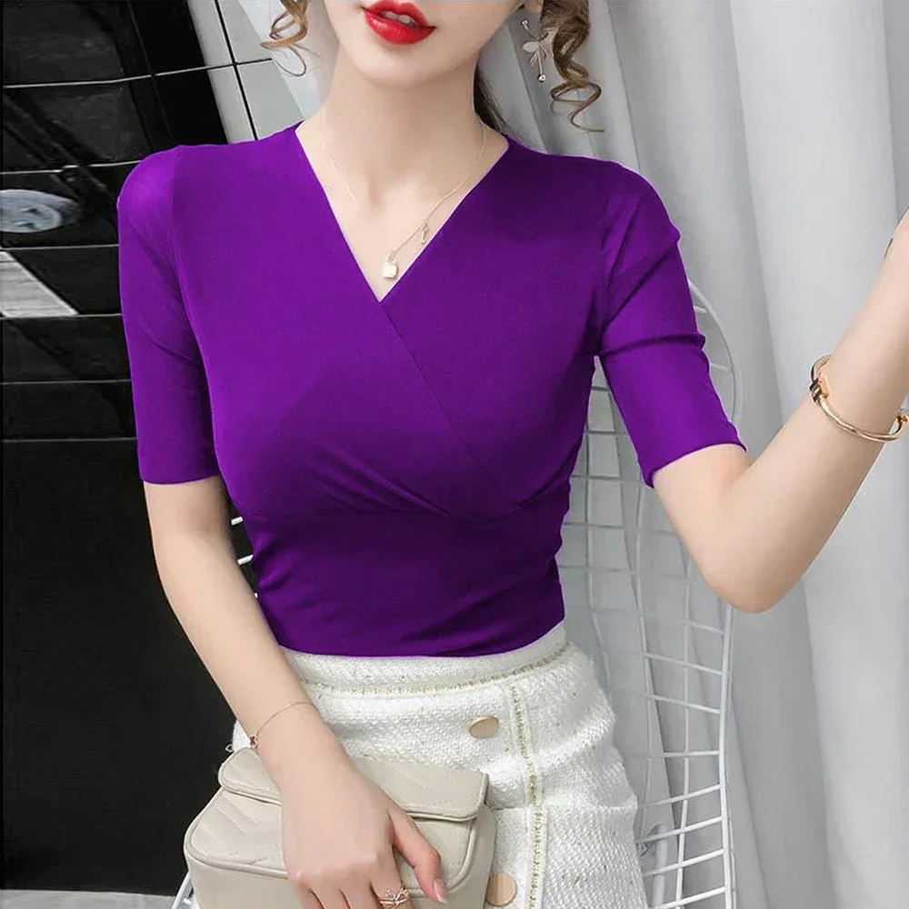 

Elegant Short Sleeve V-Neck T-shirt Women Slim Stretch Top Ladies Sexy Tees S-3XL Black Purple Red White Female Blouses Clothes