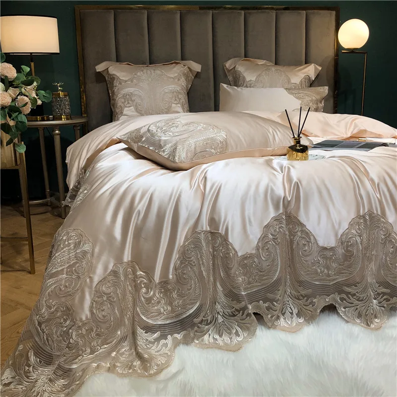 High End Luxury Wedding Cotton Lace Beige Color Bedding Set Royal Palace Egyptian Cotton Duvet Cover Skin Friendly 4/6pcs Set