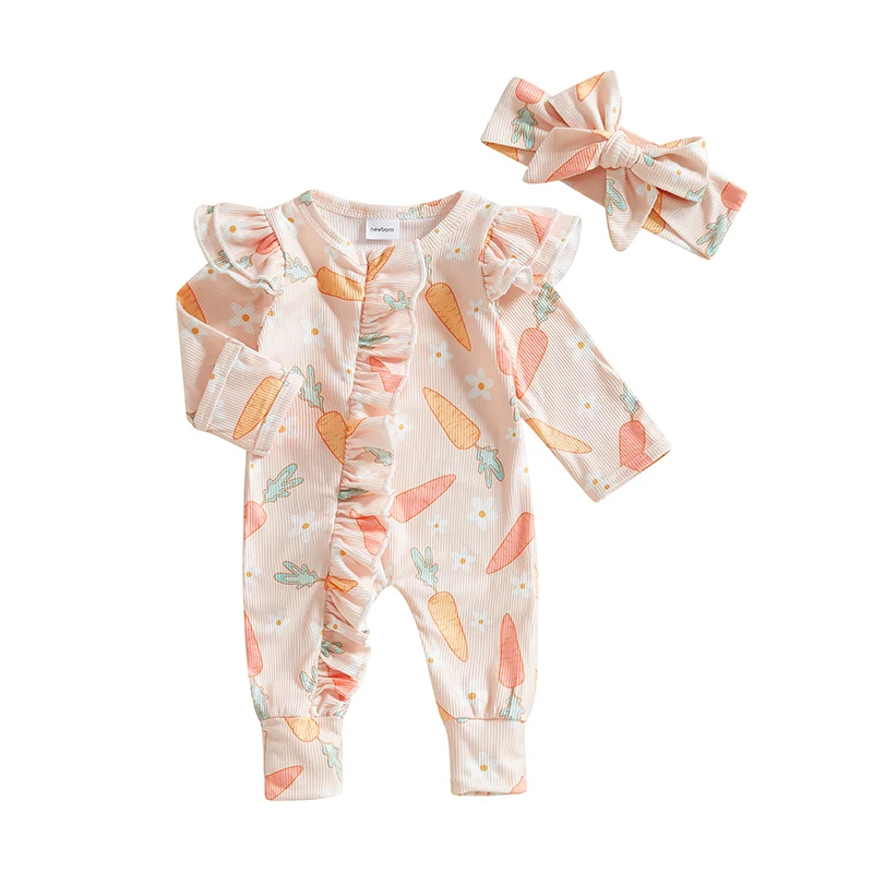 Pudcoco Infant Baby Girl Fall Outfit, Long Sleeve Carrot Flower Print Jumpsuit with Headband Easter Clothes 0-6M