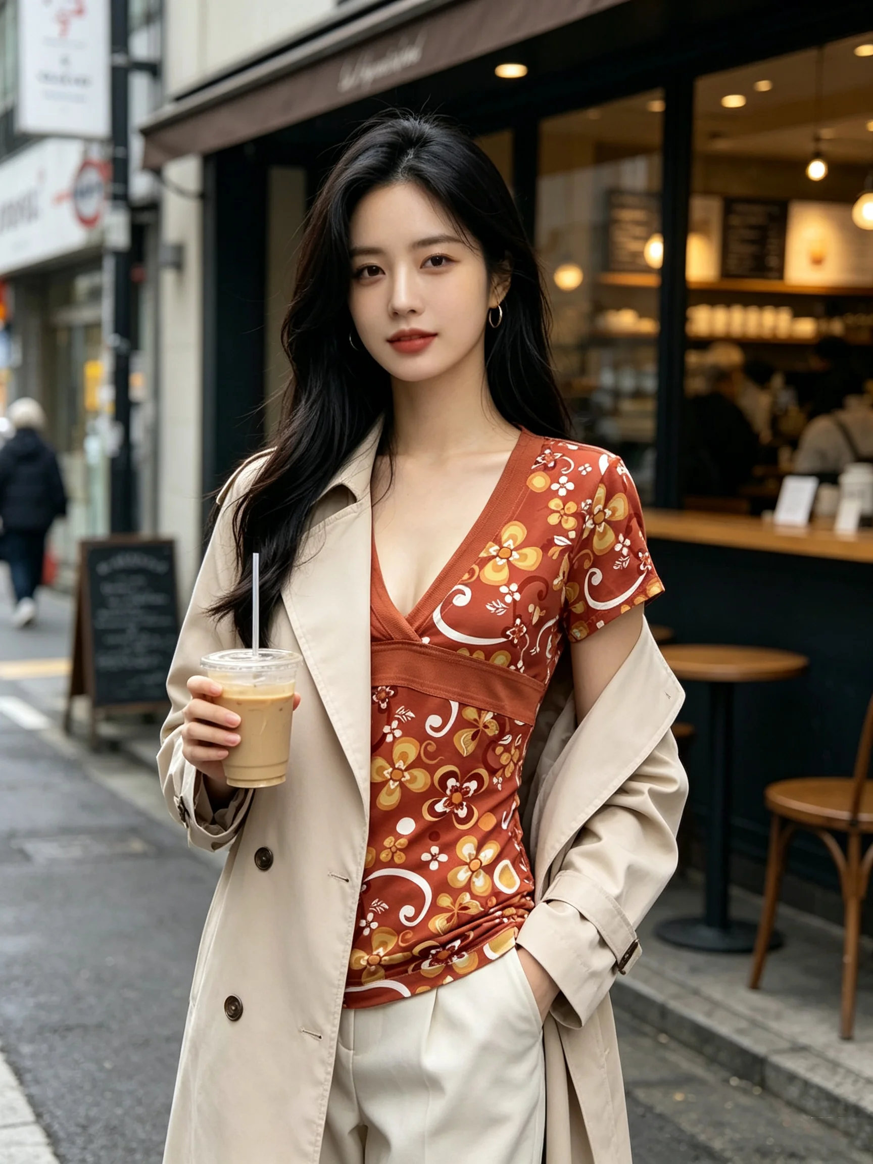 American retro floral atmosphere V-neck short sleeved T-shirt with cinched waist, slim fit and slimming temperament casual top