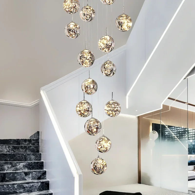 

Design Luminous Glass Ball Pendant Chandeliers For Spiral Staircase Living Room Villa Led Staircase Decor Suspension Lighting