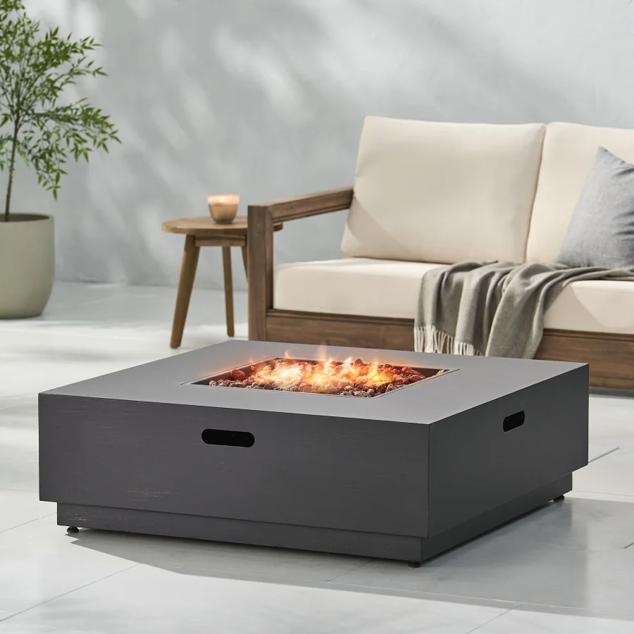 

Wellington 40-inch square fire pit for outdoor use, stainless steel construction, matte black finish, smokeless and wind-resist