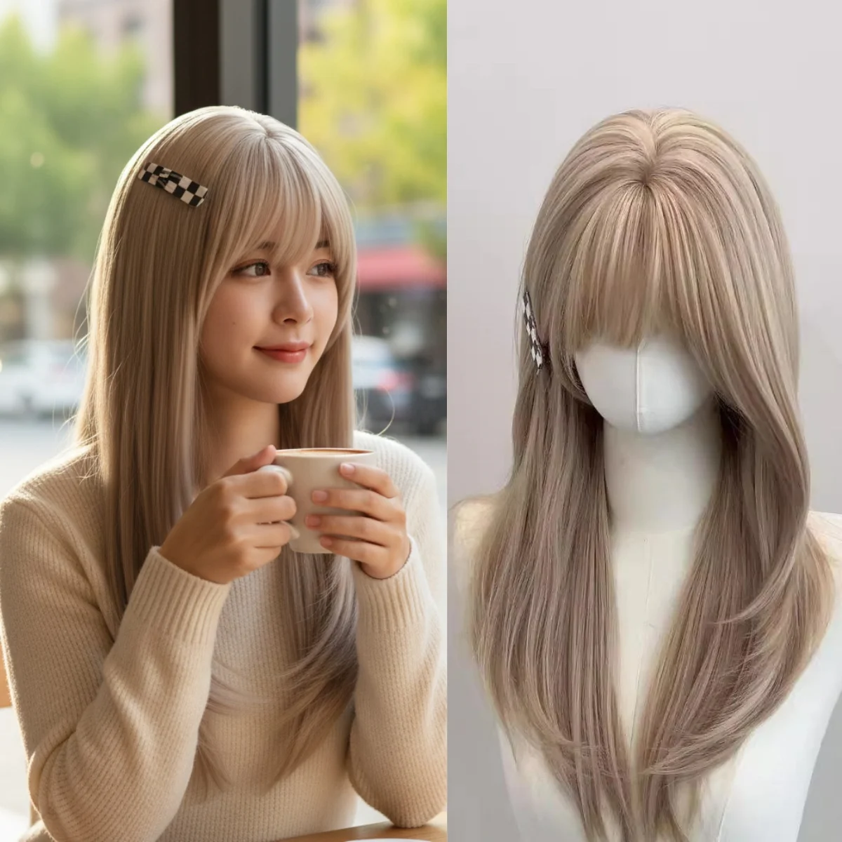 

Светлый парик для женщин, высокотемпературные волокна, 20-дюймовый прямой многослойный парик с челкой, синтетические парики с повязкой на голову в стиле Лолиты для ежедневного использования