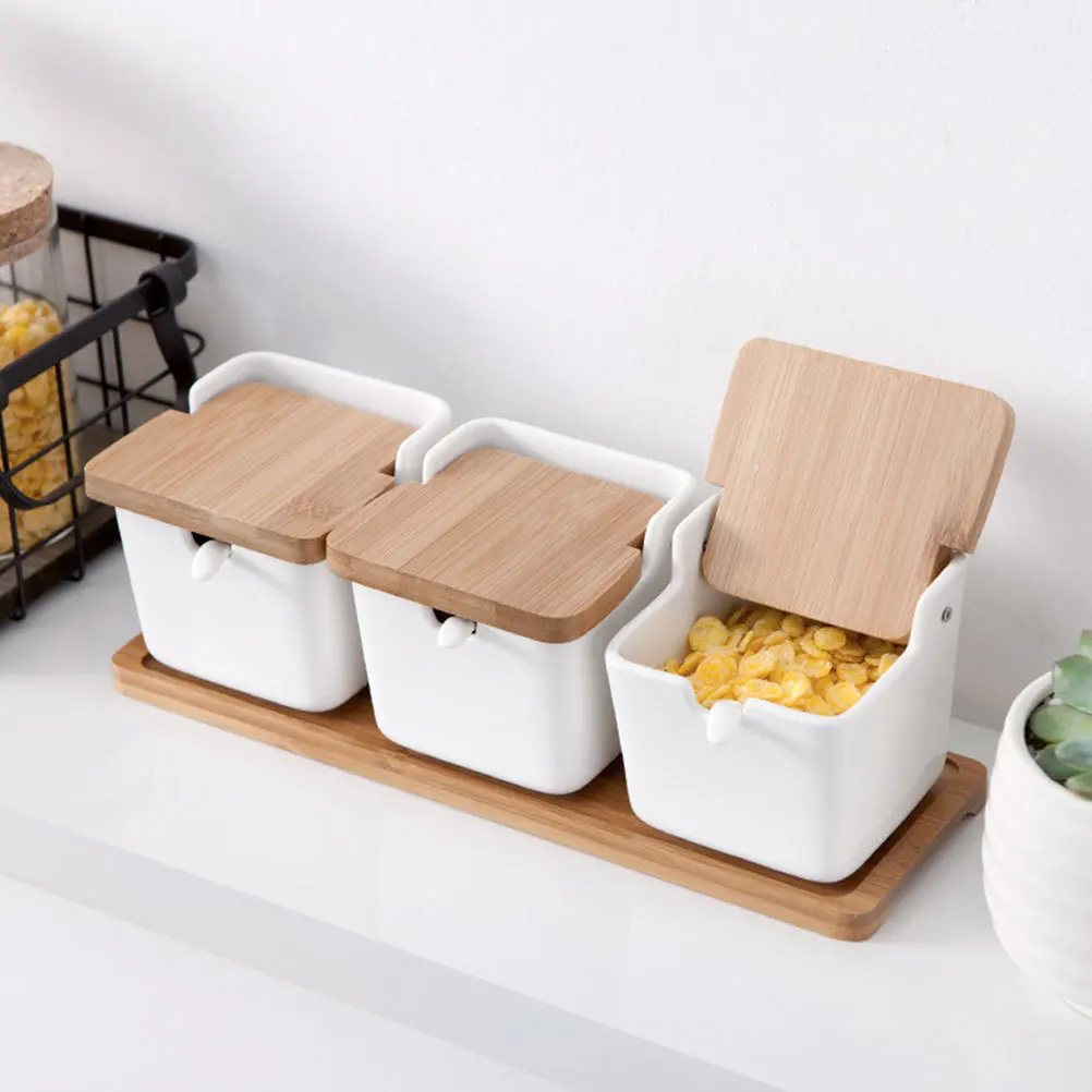 

2 set Ceramic Seasoning Bottle Set 2 Pack Condiment Storage Container With Bamboo Lid For Kitchen Home Restaurant Use Spice Jar