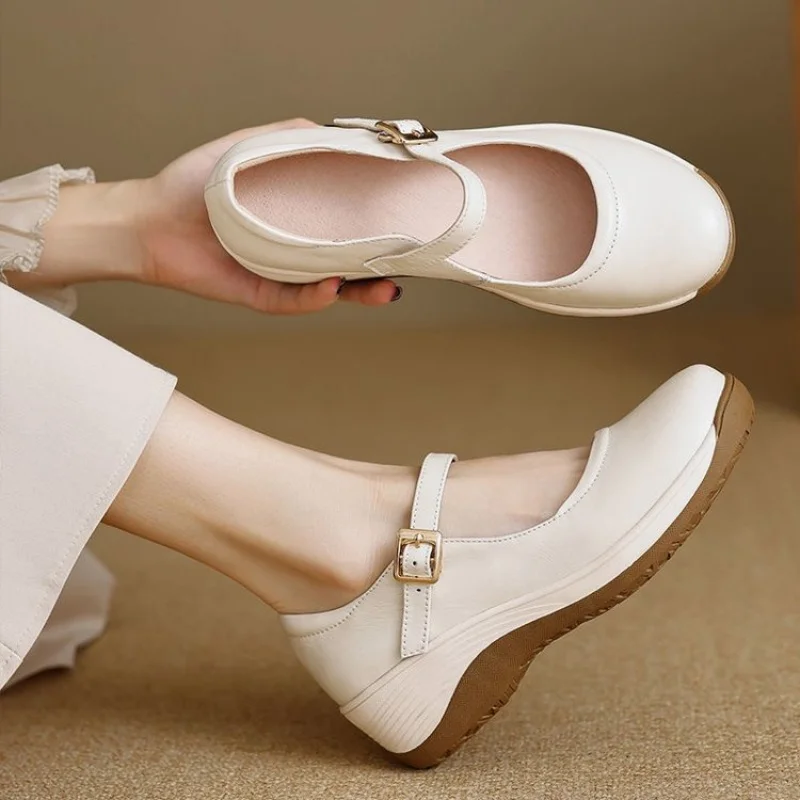 2026 Spring Women’s Mom Shoes–Soft Sole Non‑Tiring Shallow Pumps, Thick Platform Casual Leather with One‑Buckle, Wedge Heel