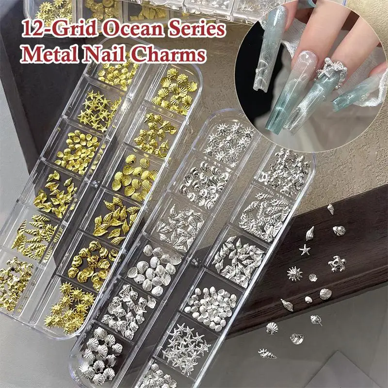 12Grids Sea Series Nail Art Rhinestones Starfish Seahorse Multi Shapes Gold Silver Metal Rivet Charms For Acrylic Nails