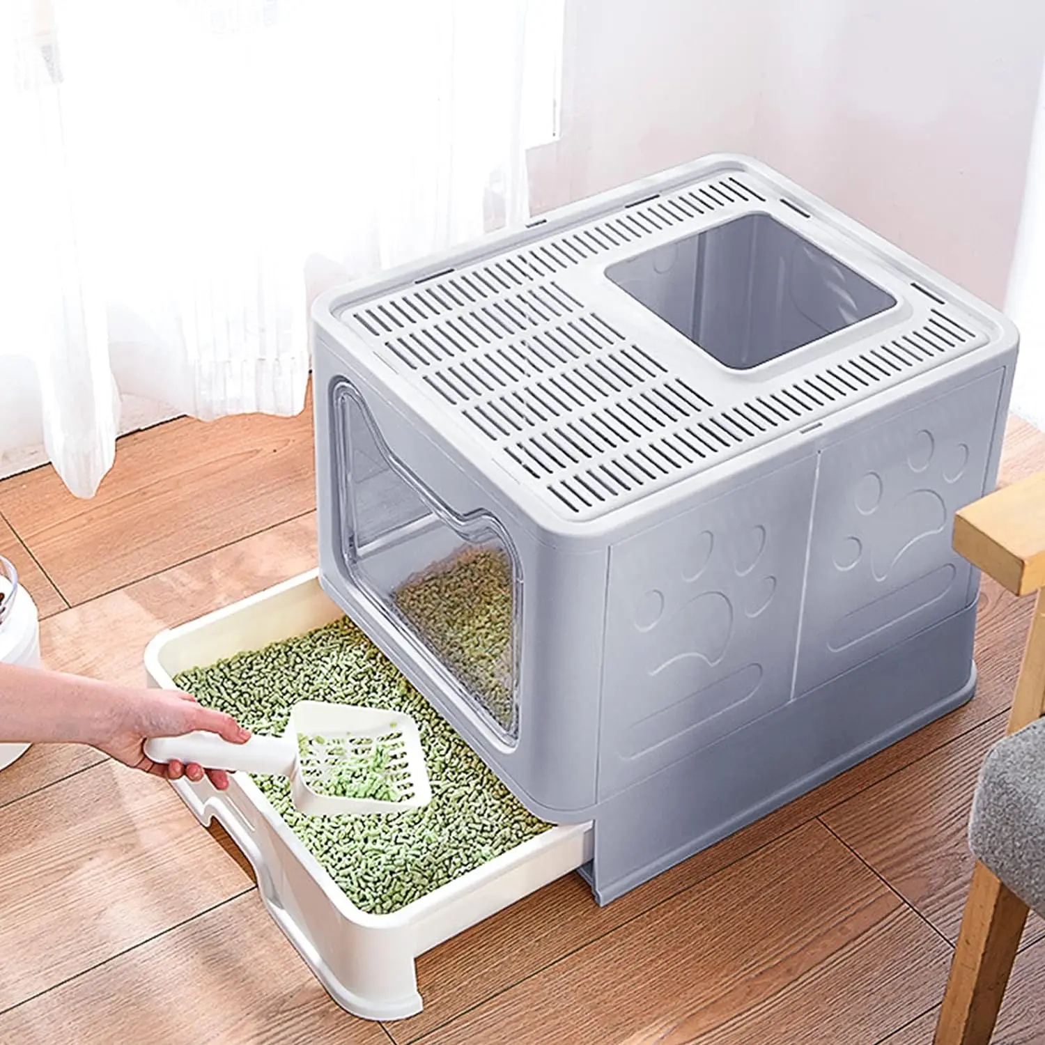 

Foldable Cat Litter Box with Lid, Large Top Entry Cat Toilet, Enclosed Cat Potty Include Litter Scoop,Drawer Type Easy Clean