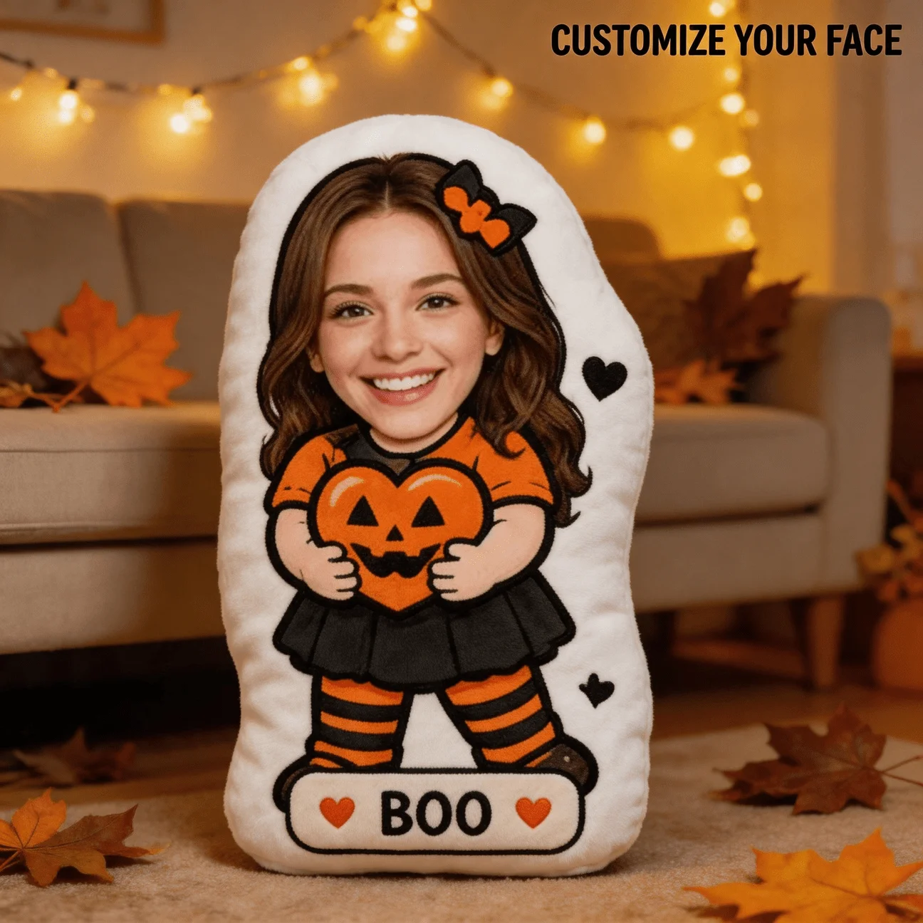 Custom Face Halloween Figure Cushion, Upload Your Own Photo, Double Sided Plush Pillow, Cute Autumn Holiday Gift for Kids and Fa