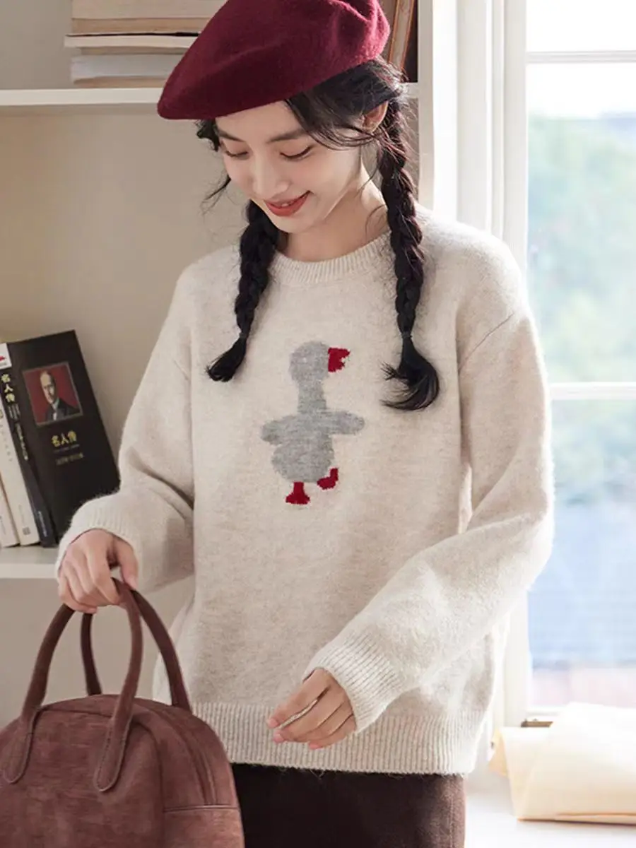 

Жаккардовый вязаный свитер с милой мультяшной уткой для женщин, джемпер с круглым вырезом и длинными рукавами, осень-зима, женский корейский модный пуловер, новый