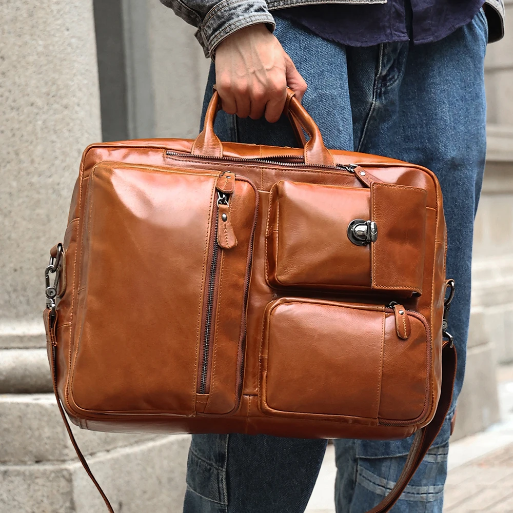 New business leather briefcase man bag multifunctional retro men's shoulder bag 17 inch computer head layer cowhide handbag