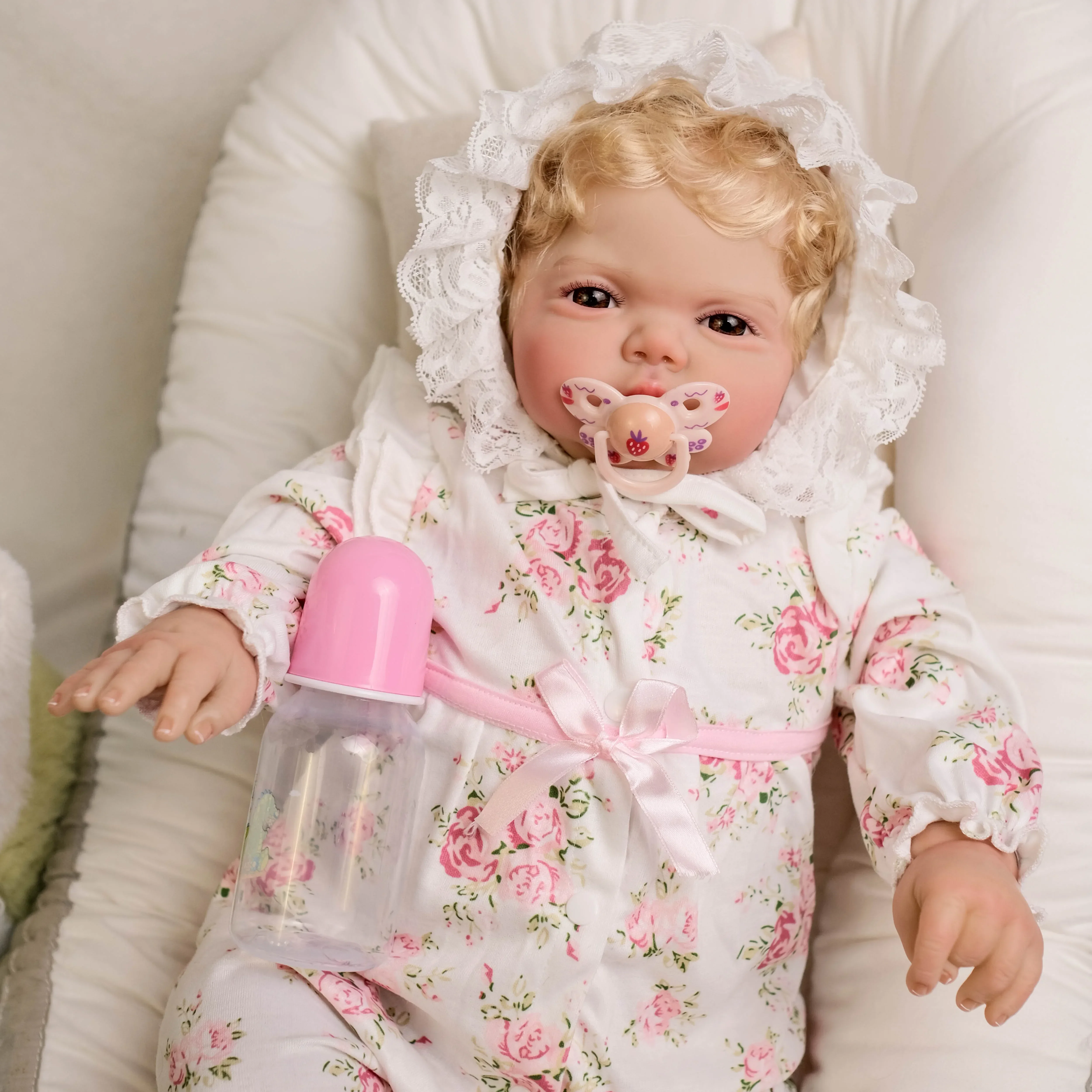 NPK 24Inch Pickle Awake in Soft Cloth Body Lifelike Reborn Toddler Hand Rooted Curly Blond Hair Cuddly Baby Doll Baby